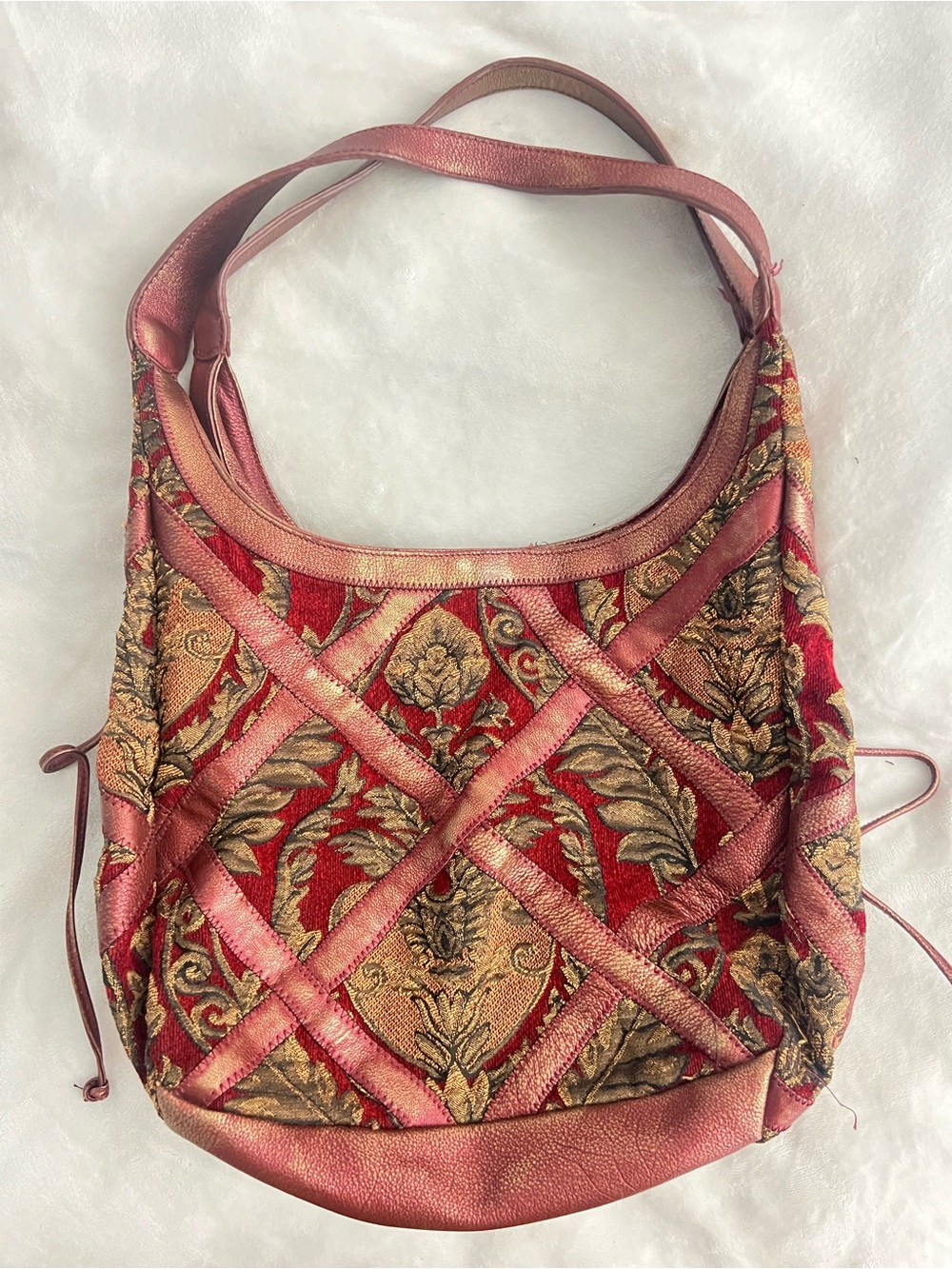 Red Brocade Shoulder Bag with Metallic Rose Trim (vintage, pre-loved, has wear)